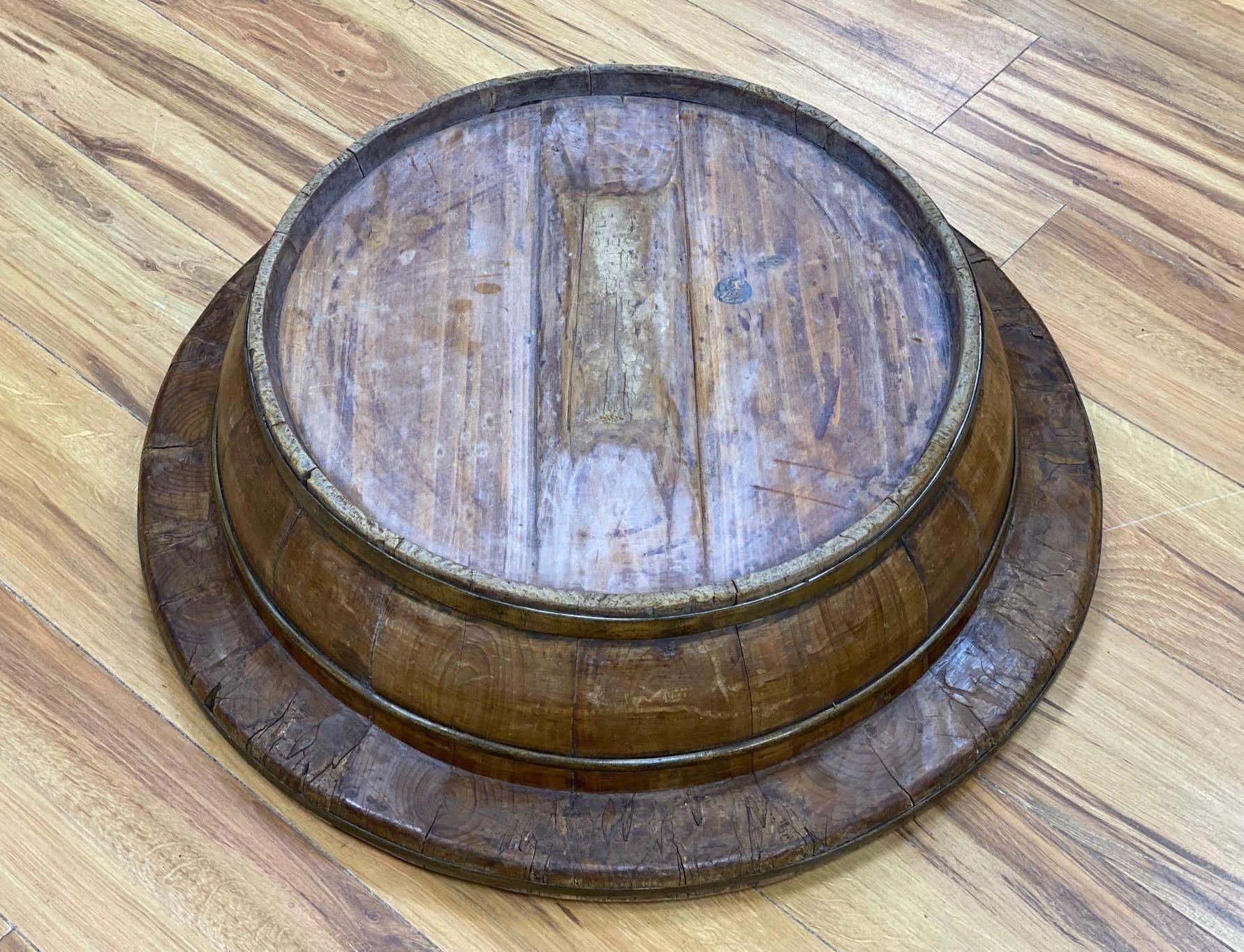 A large Eastern fruitwood coopered spice bowl, early 20th century, diameter 68cm